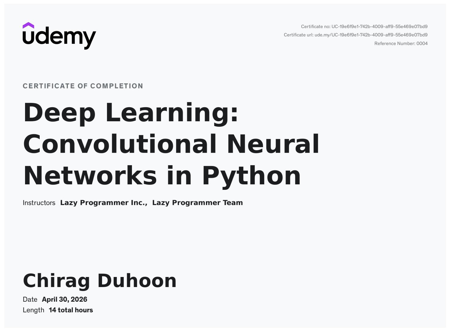 Deep Learning CNN certificate