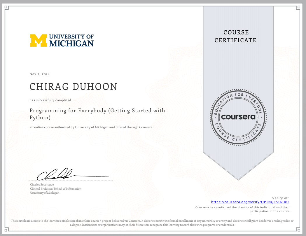 Programming for Everybody certificate