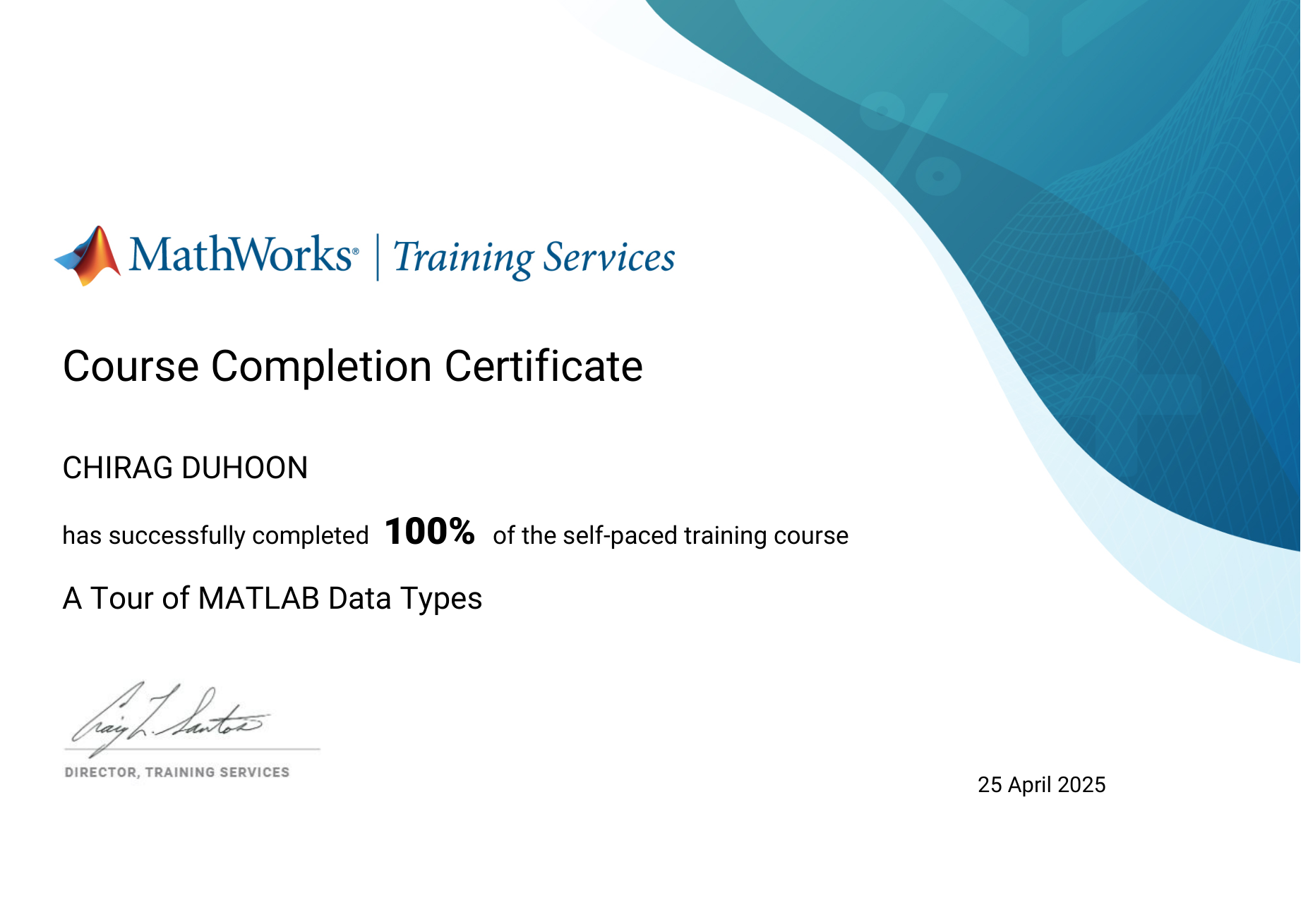 A Tour of MATLAB Data Types certificate, MathWorks