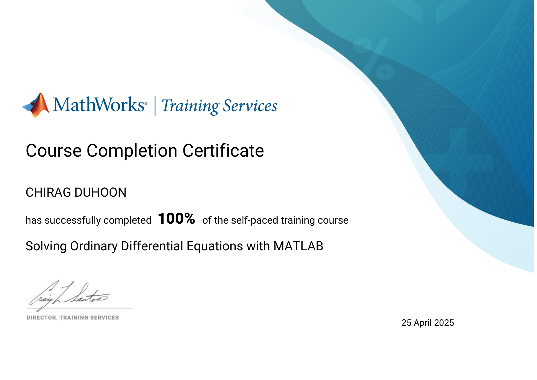 Solving ODEs with MATLAB certificate, MathWorks