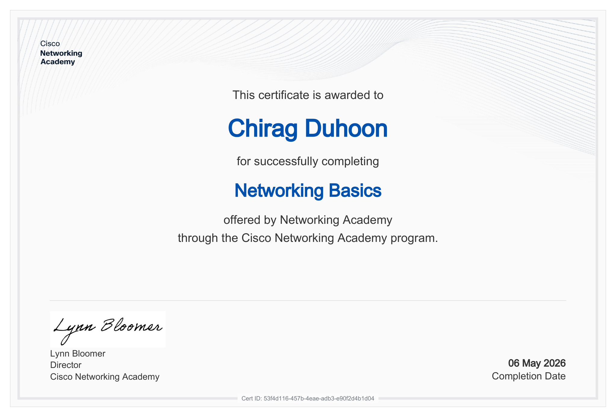 Networking Basics certificate, Cisco Networking Academy