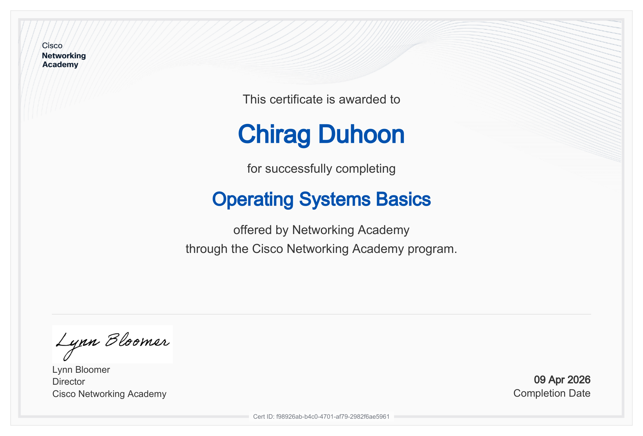 Operating Systems Basics certificate, Cisco Networking Academy