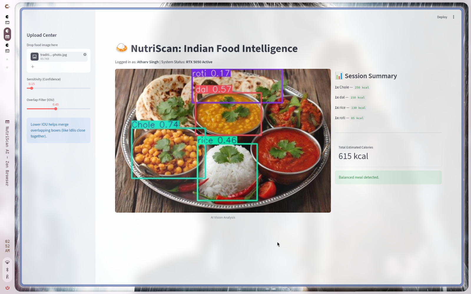 Indian food detection project interface