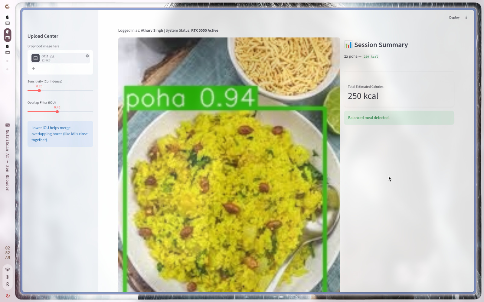 Calorie estimation result